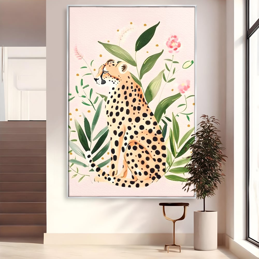 Tablou canvas cu tablou canvas cu leopard si frunze tropicale, in rama de aluminiu argintiu