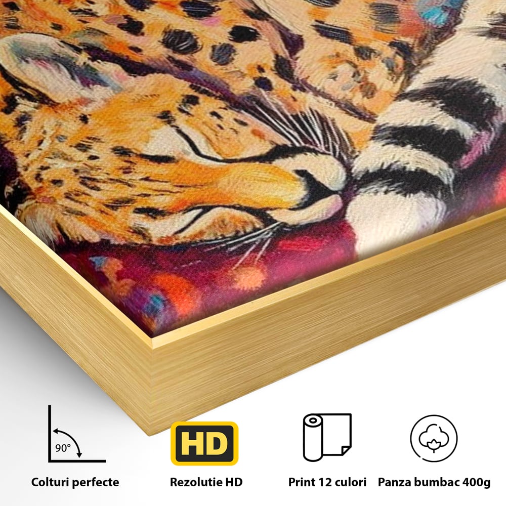 Detaliu al suprafetei: tablou canvas cu ghepard dormind, in rama de aluminiu auriu