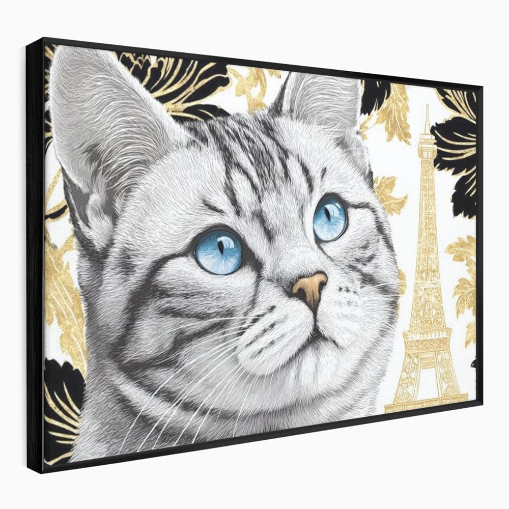 Tablou canvas cu tablou canvas cu pisica si turnul eiffel, in rama de aluminiu negru