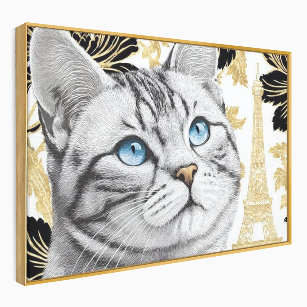 Tablou canvas cu tablou canvas cu pisica si turnul eiffel, in rama de aluminiu auriu