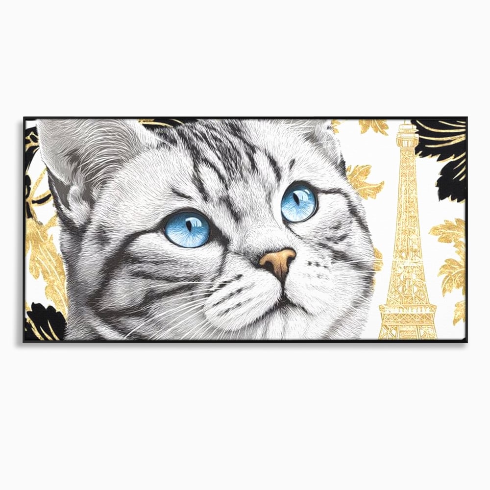 Tablou canvas cu tablou canvas cu pisica si turnul eiffel, in rama de aluminiu negru