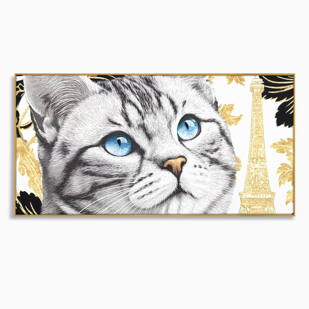 Tablou canvas cu tablou canvas cu pisica si turnul eiffel, in rama de aluminiu auriu