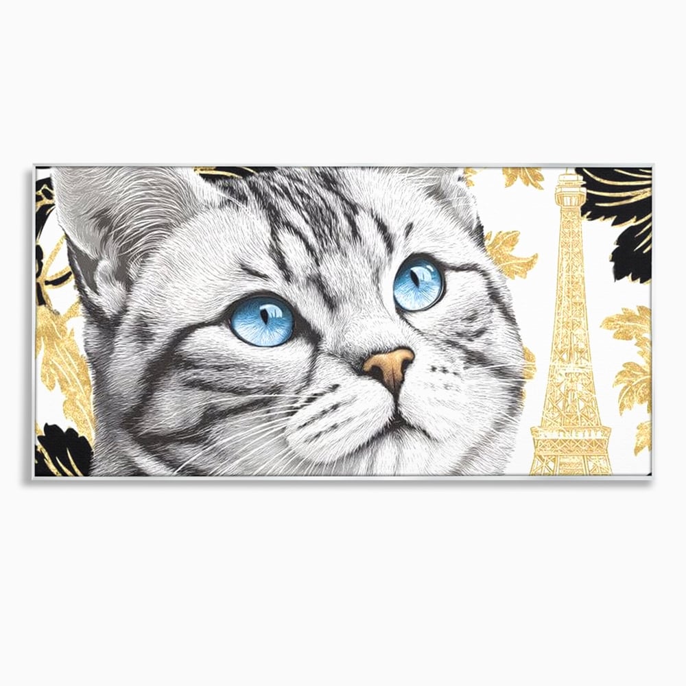 Tablou canvas cu tablou canvas cu pisica si turnul eiffel, in rama de aluminiu argintiu