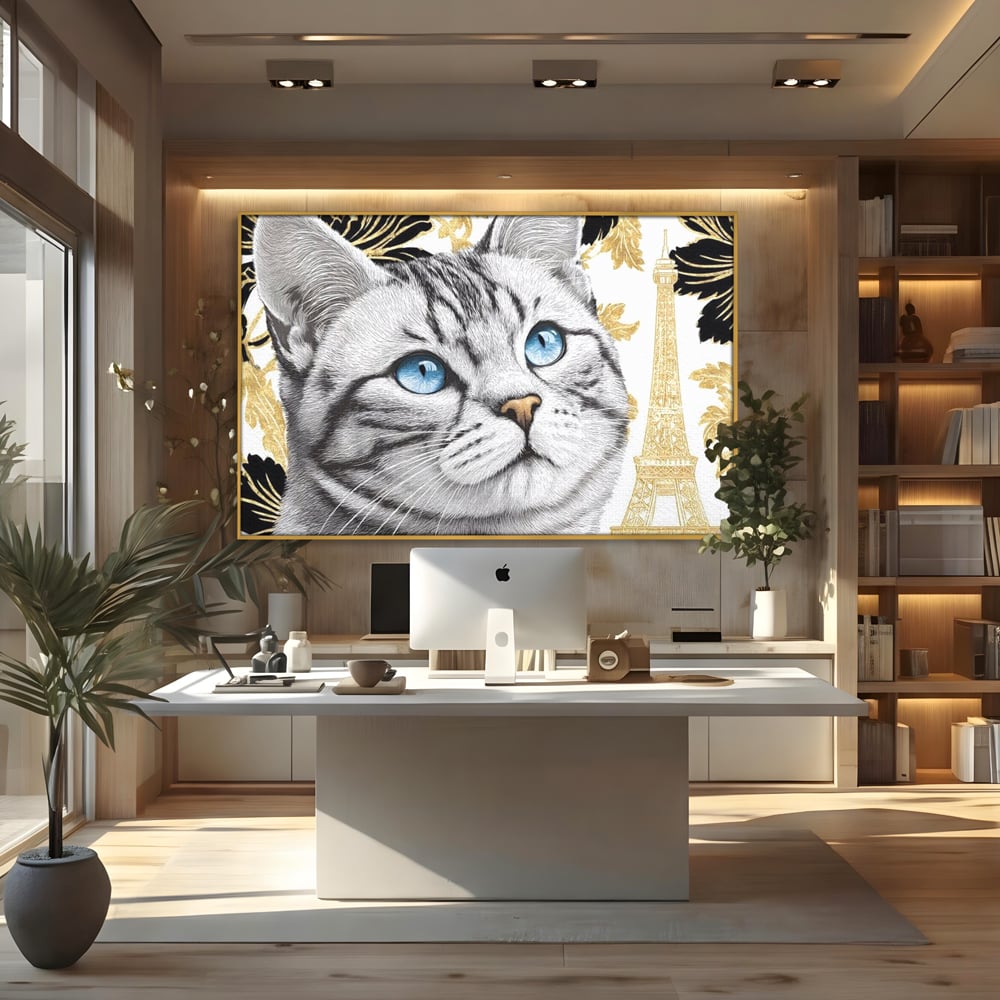 Tablou canvas cu tablou canvas cu pisica si turnul eiffel, in rama de aluminiu auriu, pe perete intr-un birou