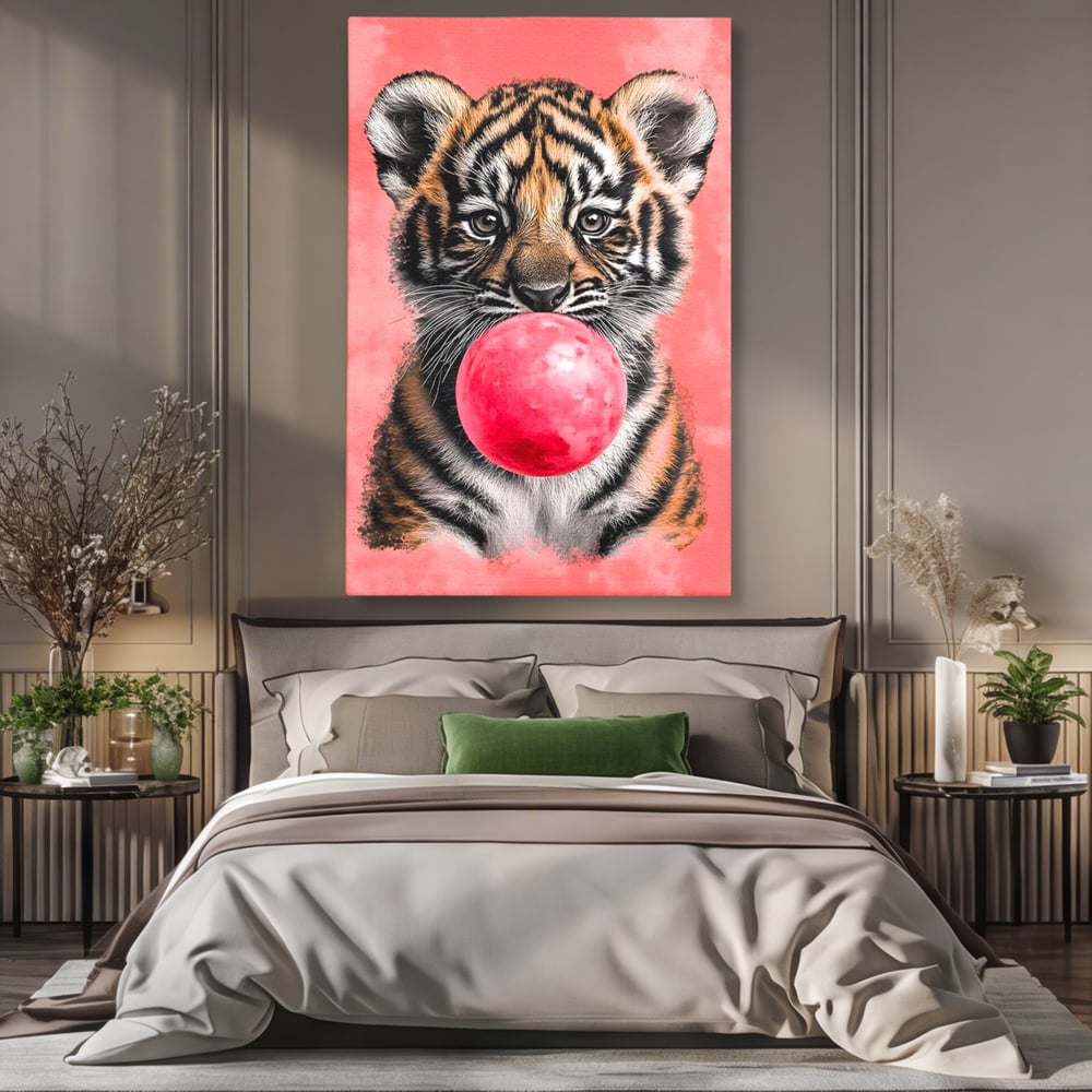 Tablou canvas cu ilustratie pui de tigru cu guma roz, fara rama, pe sasiu de lemn, pe perete intr-un dormitor
