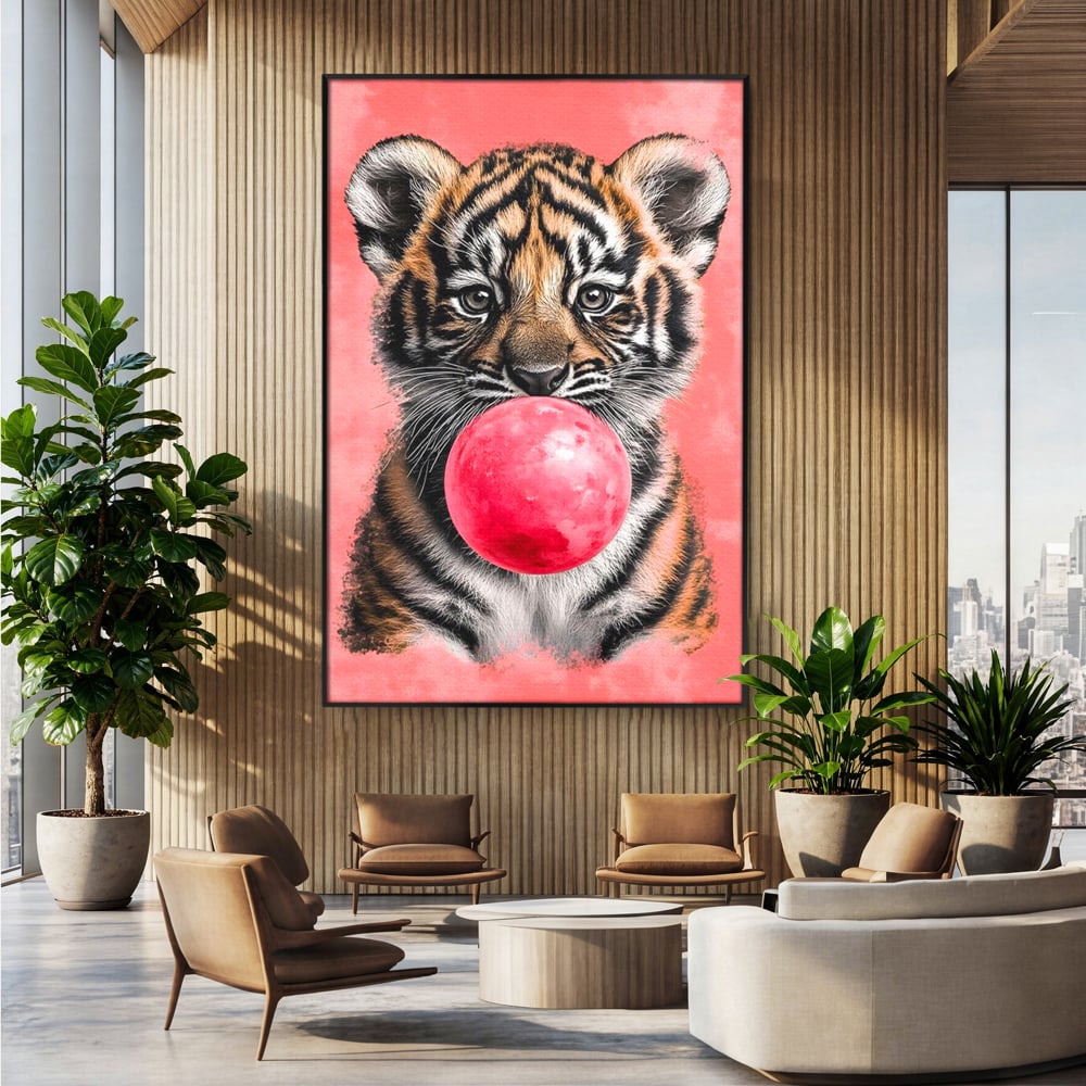 Tablou canvas cu ilustratie pui de tigru cu guma roz, in rama de aluminiu negru, pe perete intr-un birou