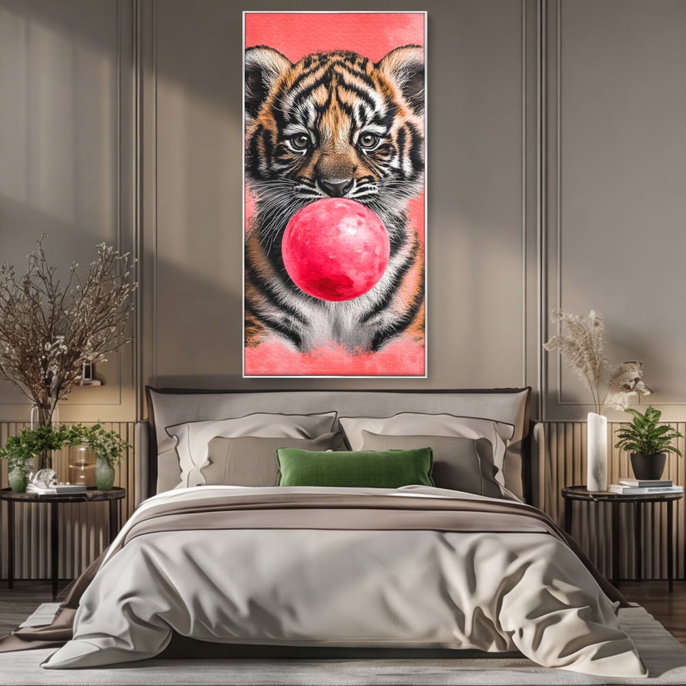 Tablou canvas cu ilustratie pui de tigru cu guma roz, in rama de aluminiu argintiu, pe perete intr-un dormitor