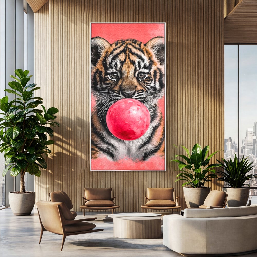 Tablou canvas cu ilustratie pui de tigru cu guma roz, in rama de aluminiu argintiu, pe perete intr-un birou