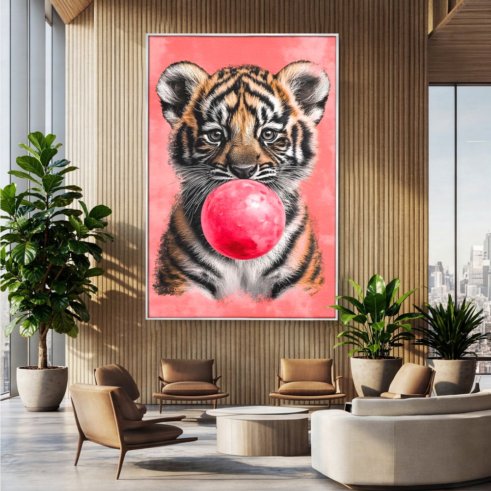 Tablou canvas cu ilustratie pui de tigru cu guma roz, in rama de aluminiu argintiu, pe perete intr-un birou
