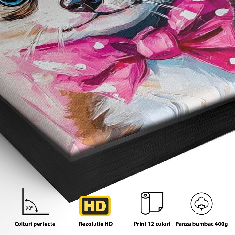 Detaliu al suprafetei: tablou canvas cu catelus cowboy, in rama de aluminiu negru