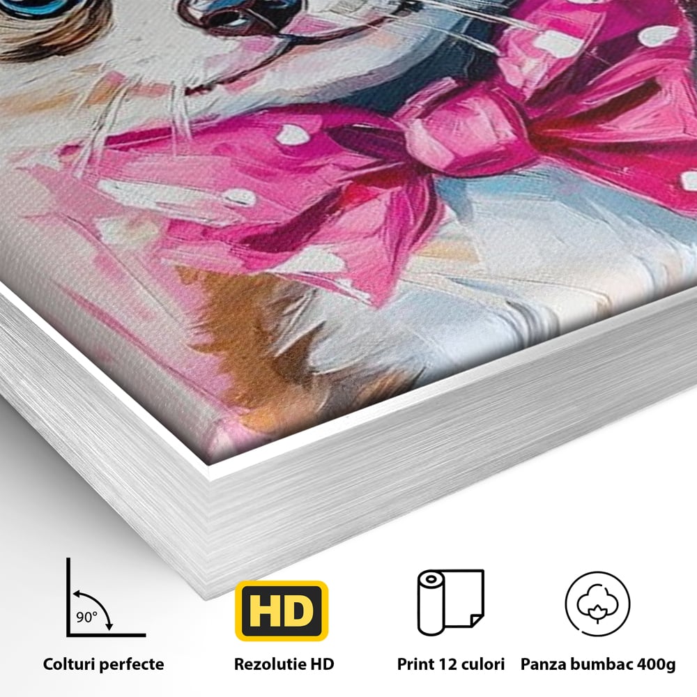 Detaliu al suprafetei: tablou canvas cu catelus cowboy, in rama de aluminiu argintiu