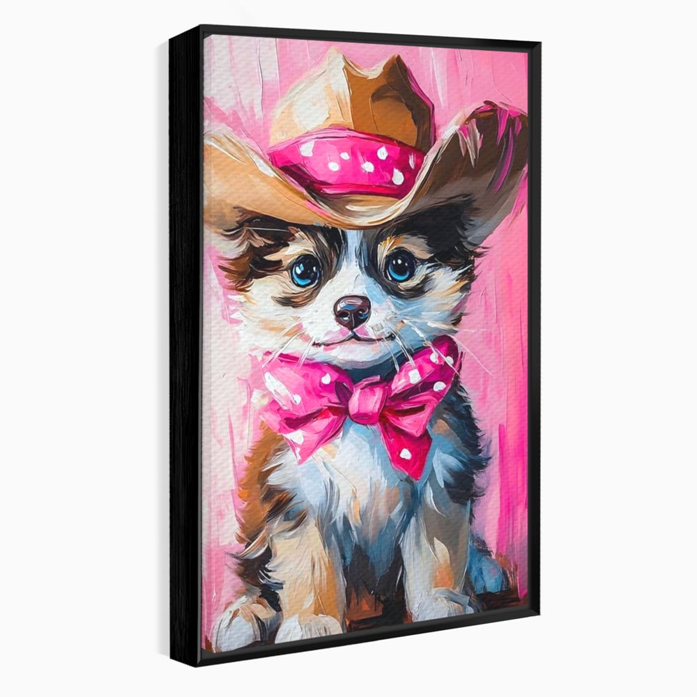 Tablou canvas cu tablou canvas cu catelus cowboy, in rama de aluminiu negru