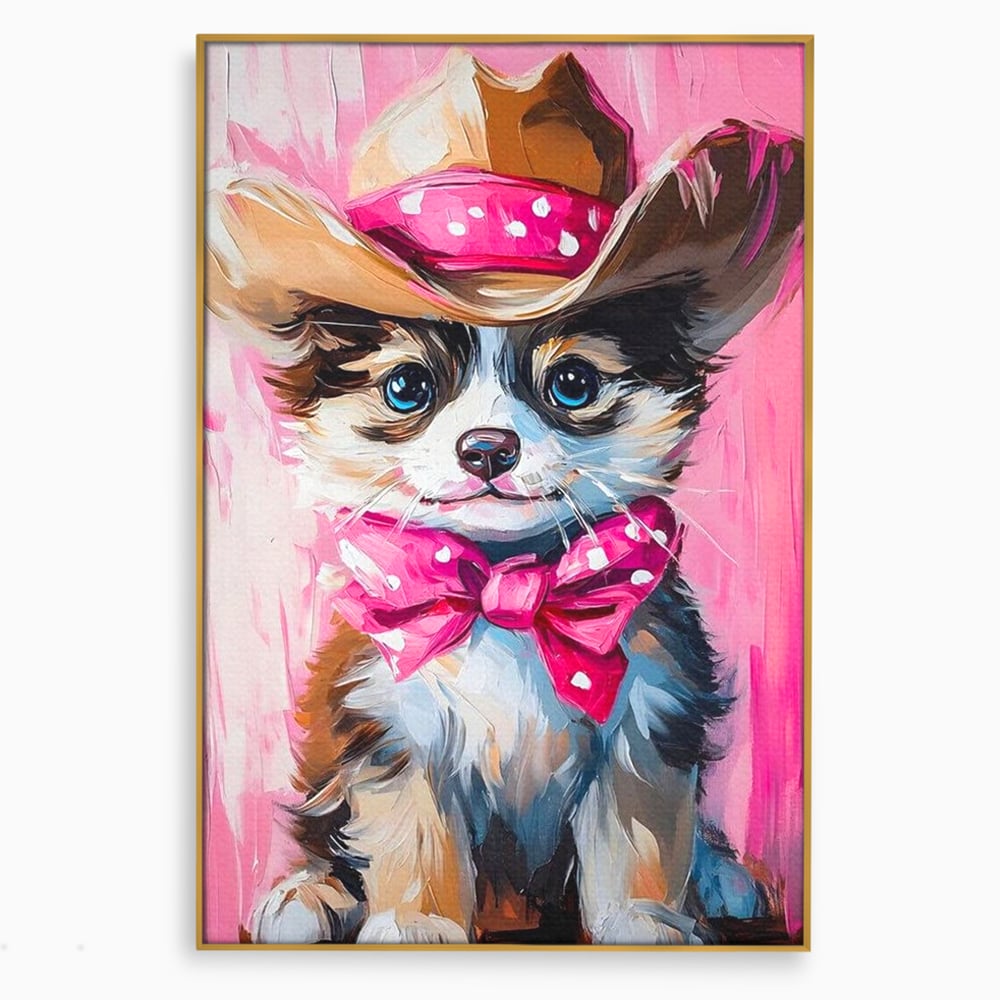Tablou canvas cu tablou canvas cu catelus cowboy, in rama de aluminiu auriu
