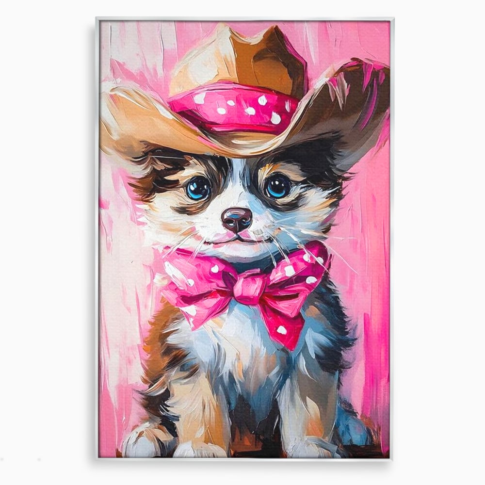 Tablou canvas cu tablou canvas cu catelus cowboy, in rama de aluminiu argintiu