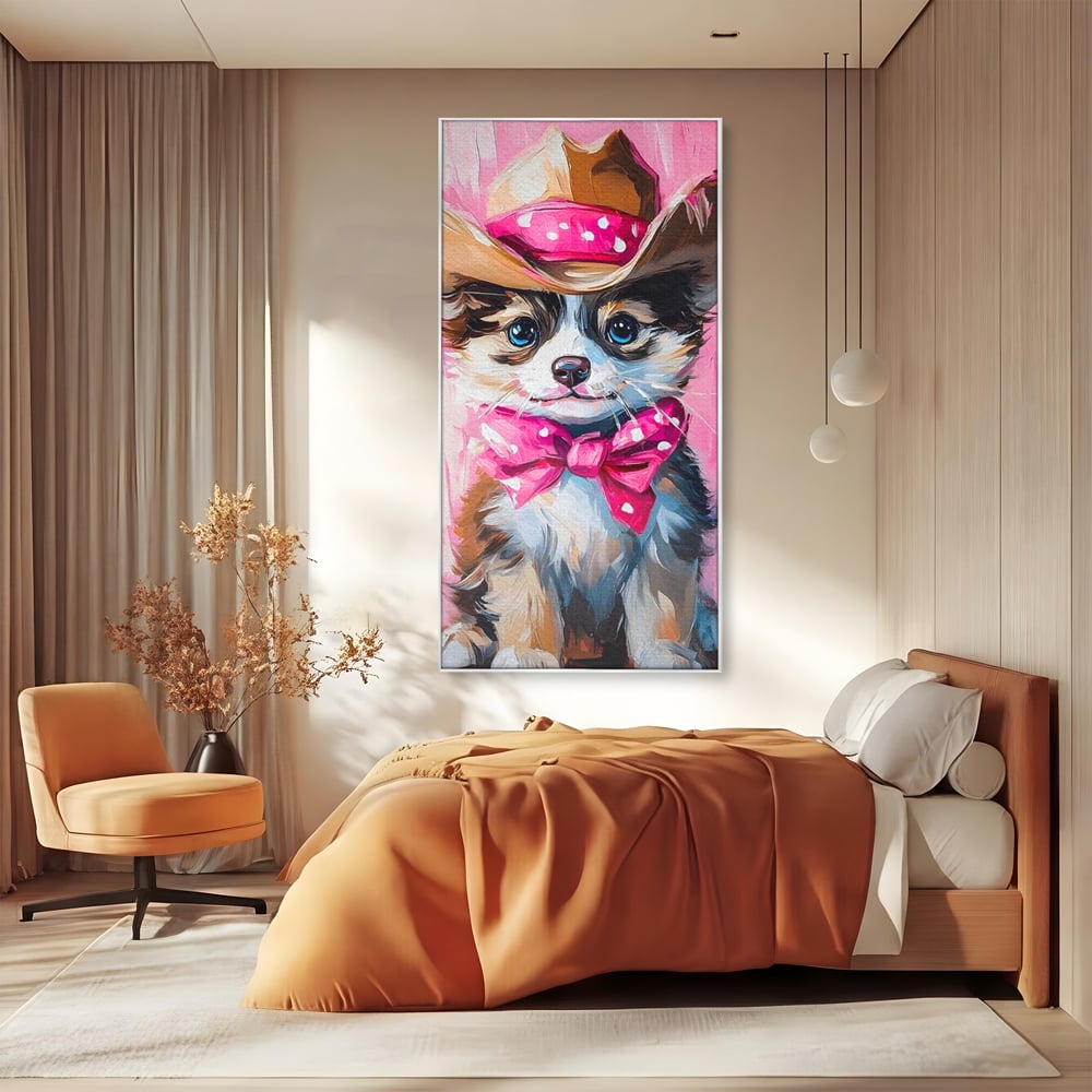 Tablou canvas cu tablou canvas cu catelus cowboy, in rama de aluminiu argintiu, pe perete intr-un dormitor