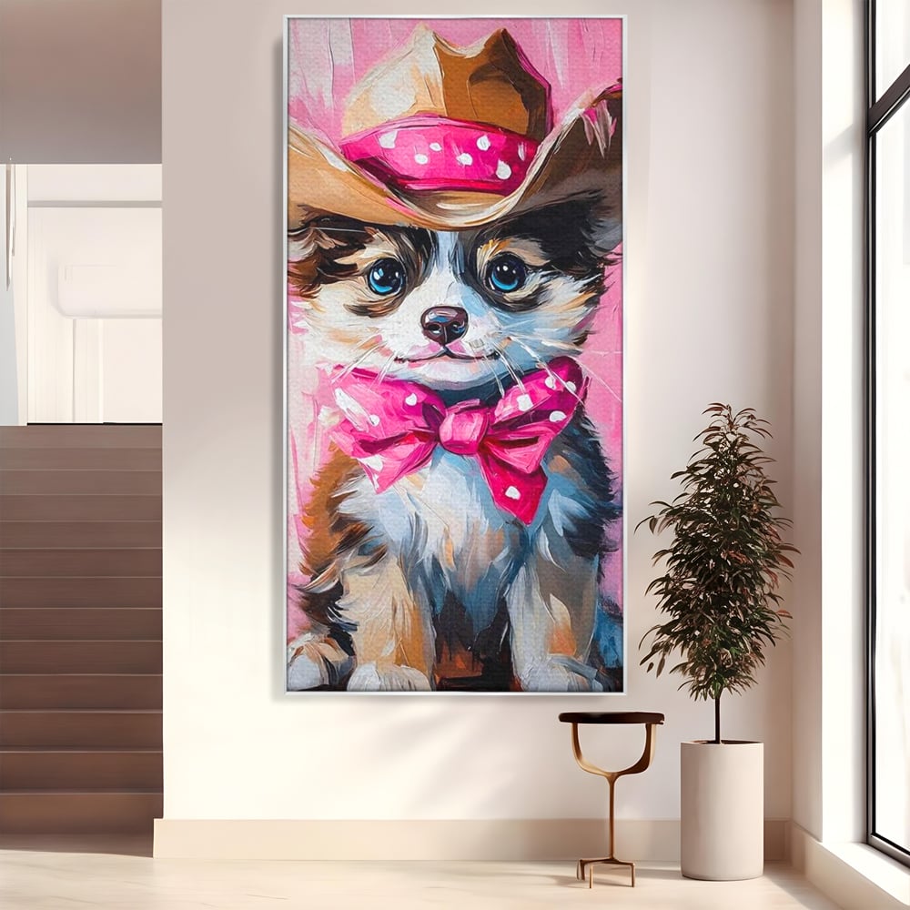 Tablou canvas cu tablou canvas cu catelus cowboy, in rama de aluminiu argintiu