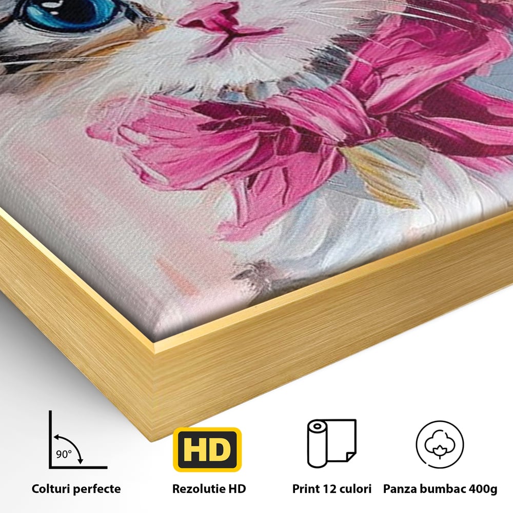 Detaliu al suprafetei: tablou canvas cu pisicuta cowboy, in rama de aluminiu auriu