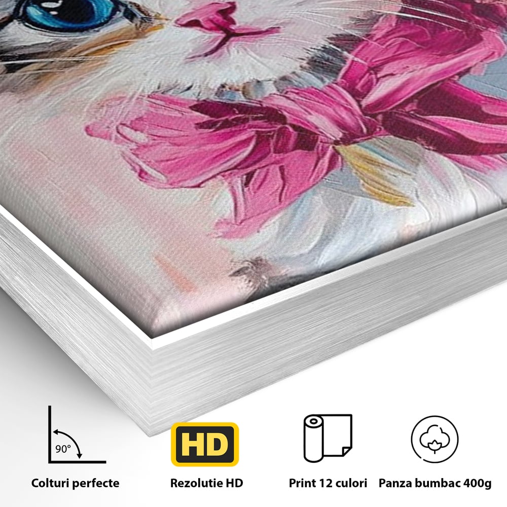 Detaliu al suprafetei: tablou canvas cu pisicuta cowboy, in rama de aluminiu argintiu