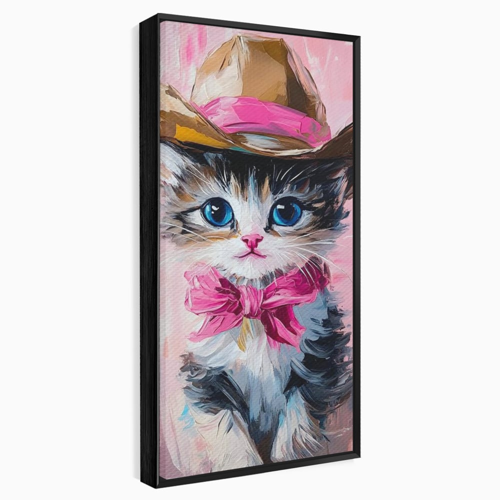 Tablou canvas cu tablou canvas cu pisicuta cowboy, in rama de aluminiu negru