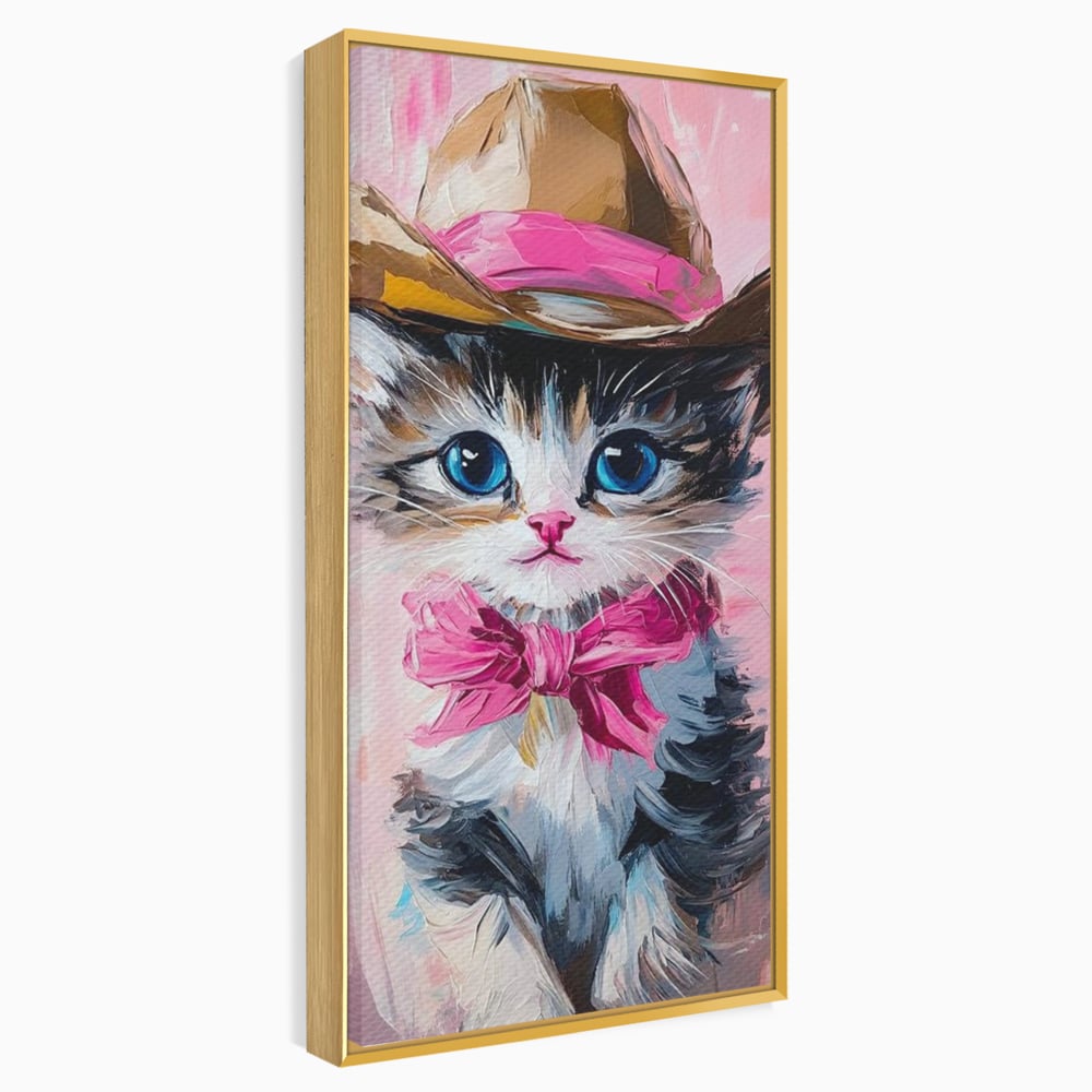 Tablou canvas cu tablou canvas cu pisicuta cowboy, in rama de aluminiu auriu