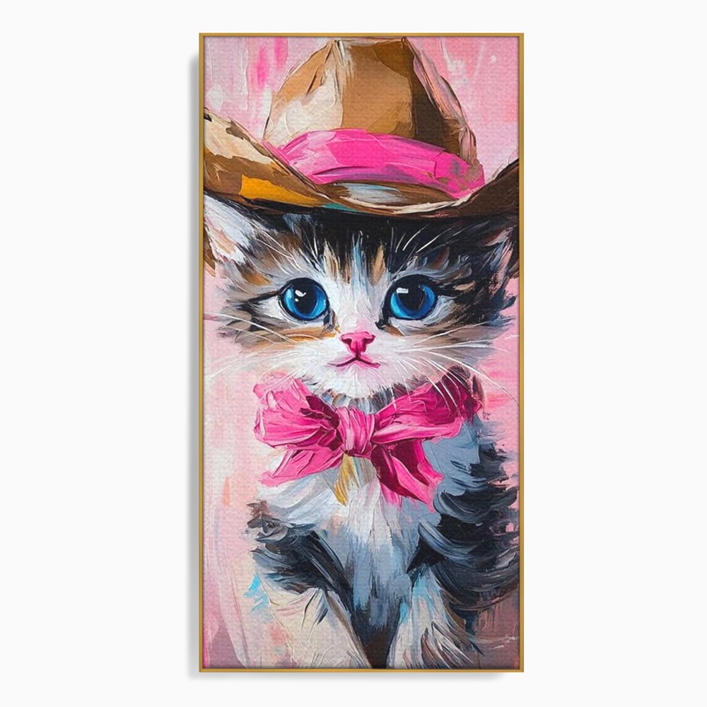 Tablou canvas cu tablou canvas cu pisicuta cowboy, in rama de aluminiu auriu