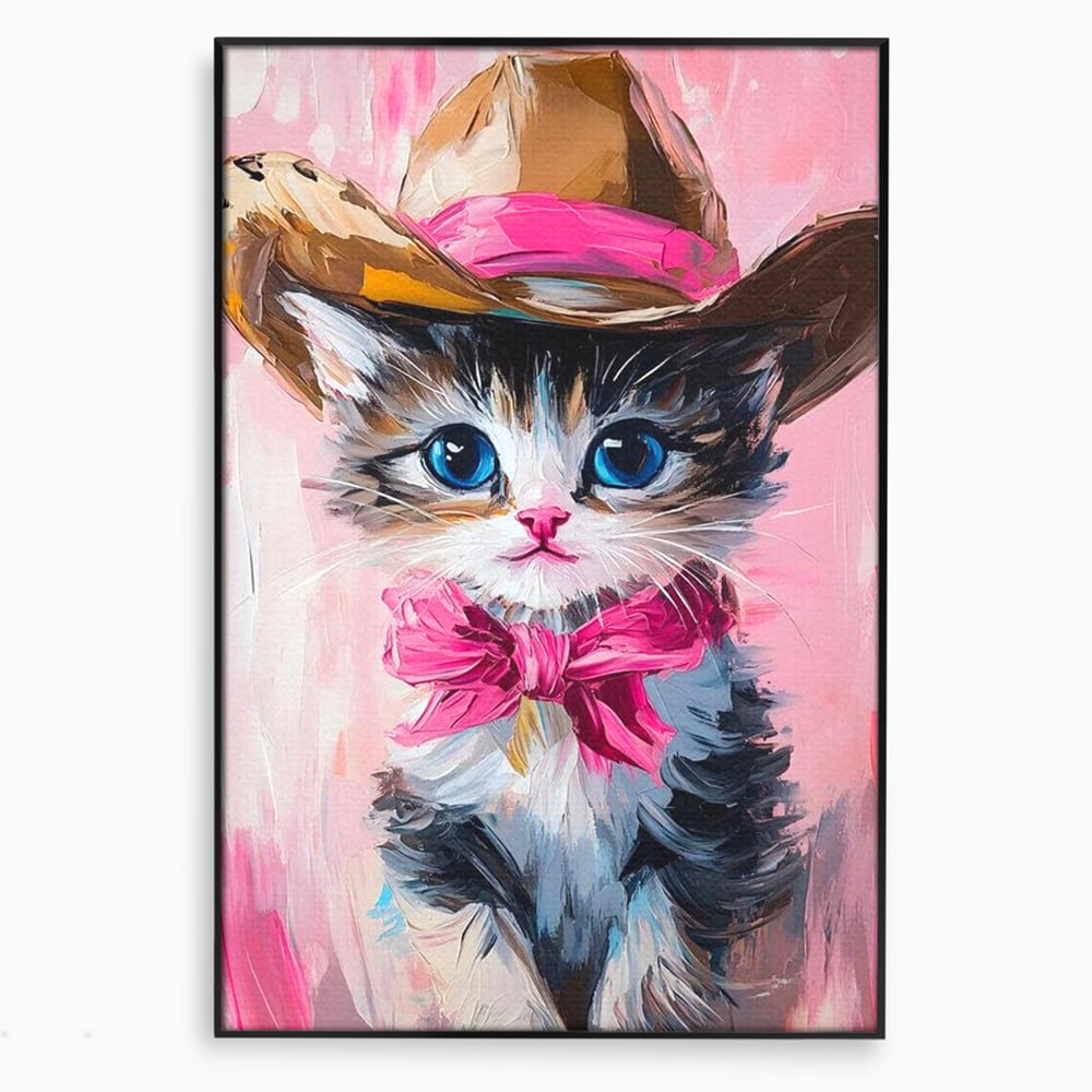 Tablou canvas cu tablou canvas cu pisicuta cowboy, in rama de aluminiu negru