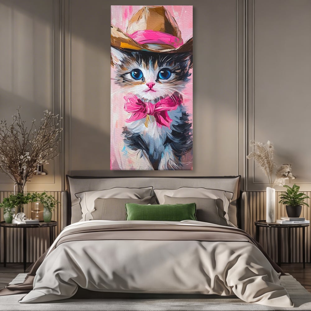 Tablou canvas cu tablou canvas cu pisicuta cowboy, fara rama, pe sasiu de lemn, pe perete intr-un dormitor