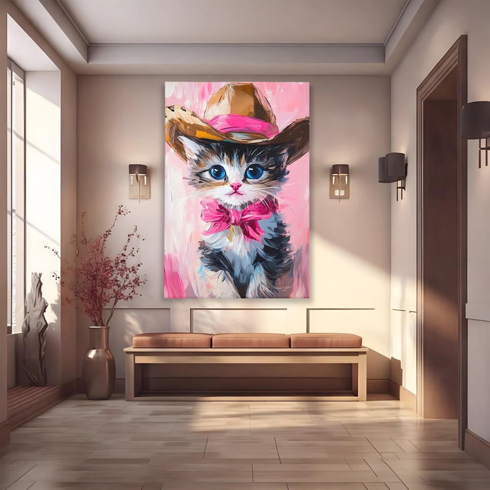Tablou canvas cu tablou canvas cu pisicuta cowboy, fara rama, pe sasiu de lemn