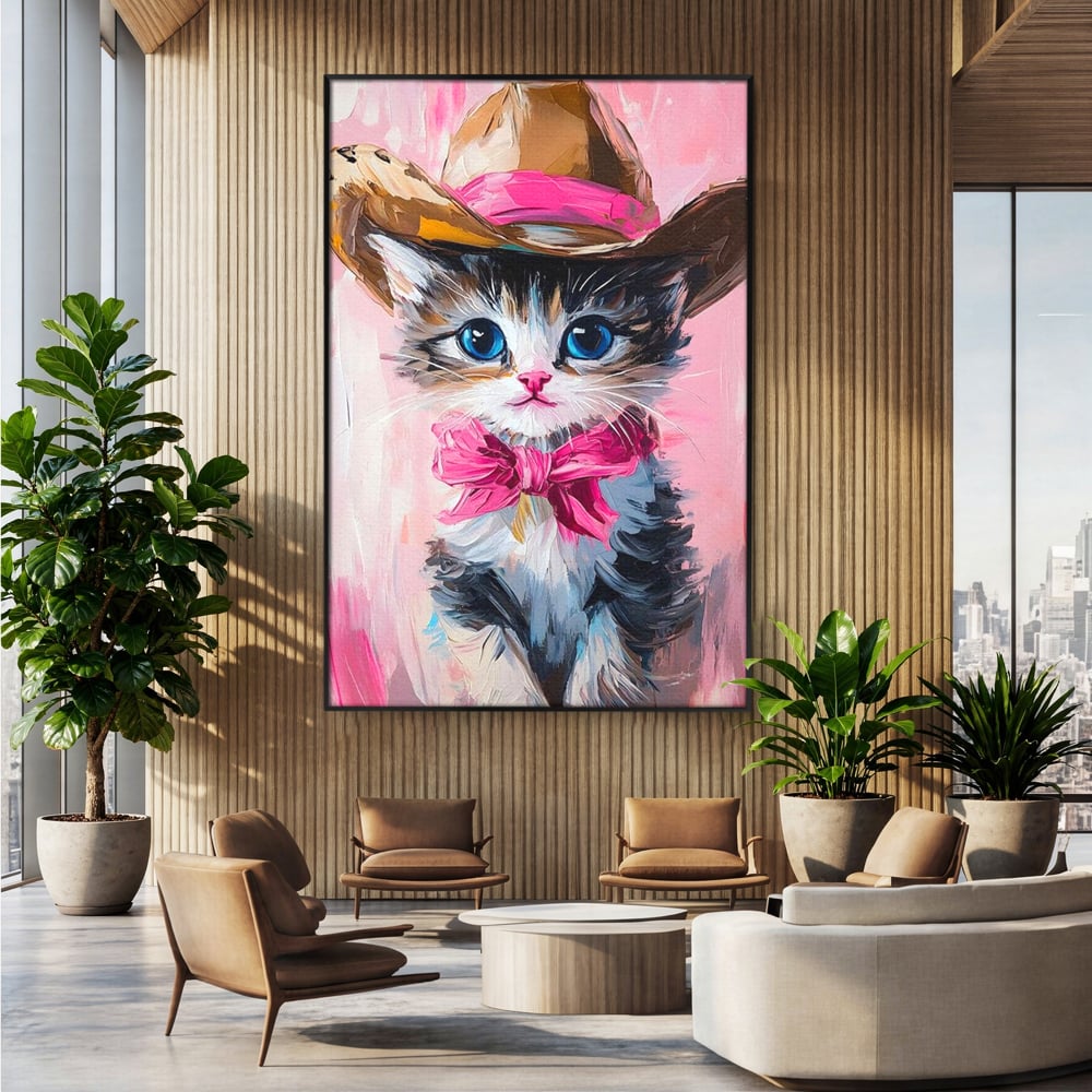 Tablou canvas cu tablou canvas cu pisicuta cowboy, in rama de aluminiu negru, pe perete intr-un birou
