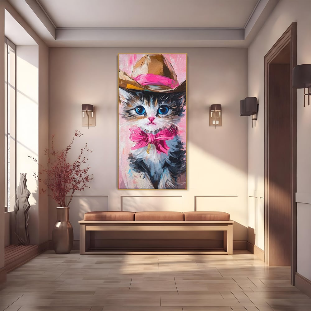 Tablou canvas cu tablou canvas cu pisicuta cowboy, in rama de aluminiu auriu