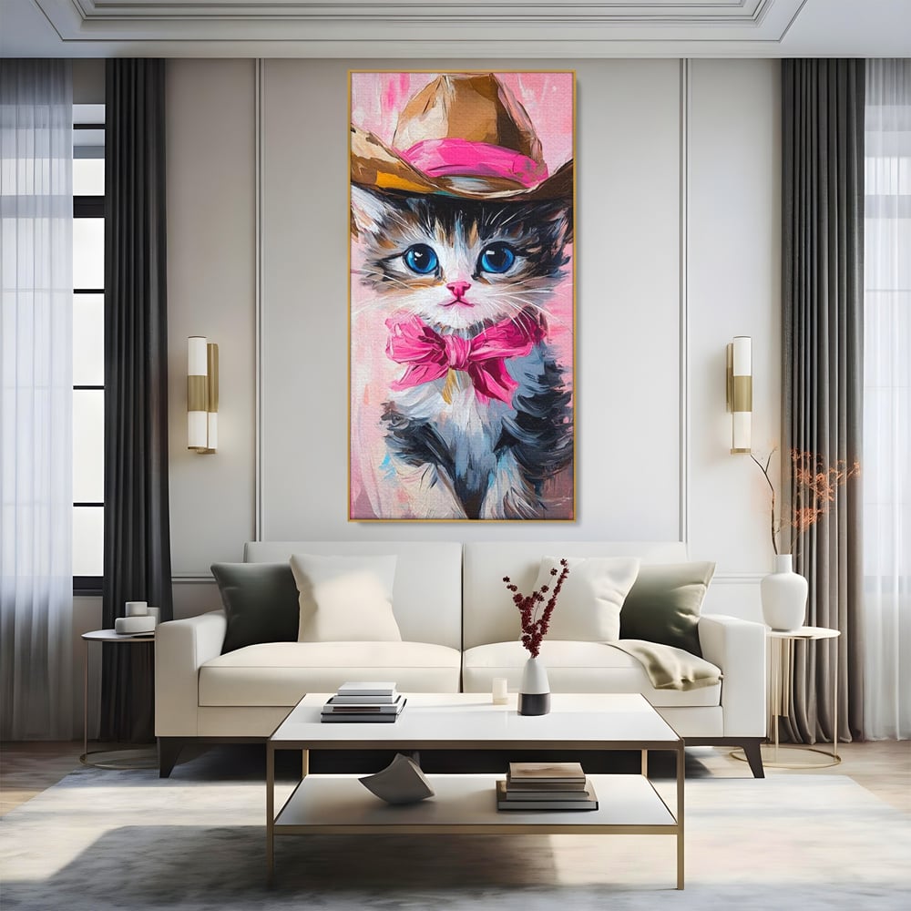 Tablou canvas cu tablou canvas cu pisicuta cowboy, in rama de aluminiu auriu, pe perete intr-un living