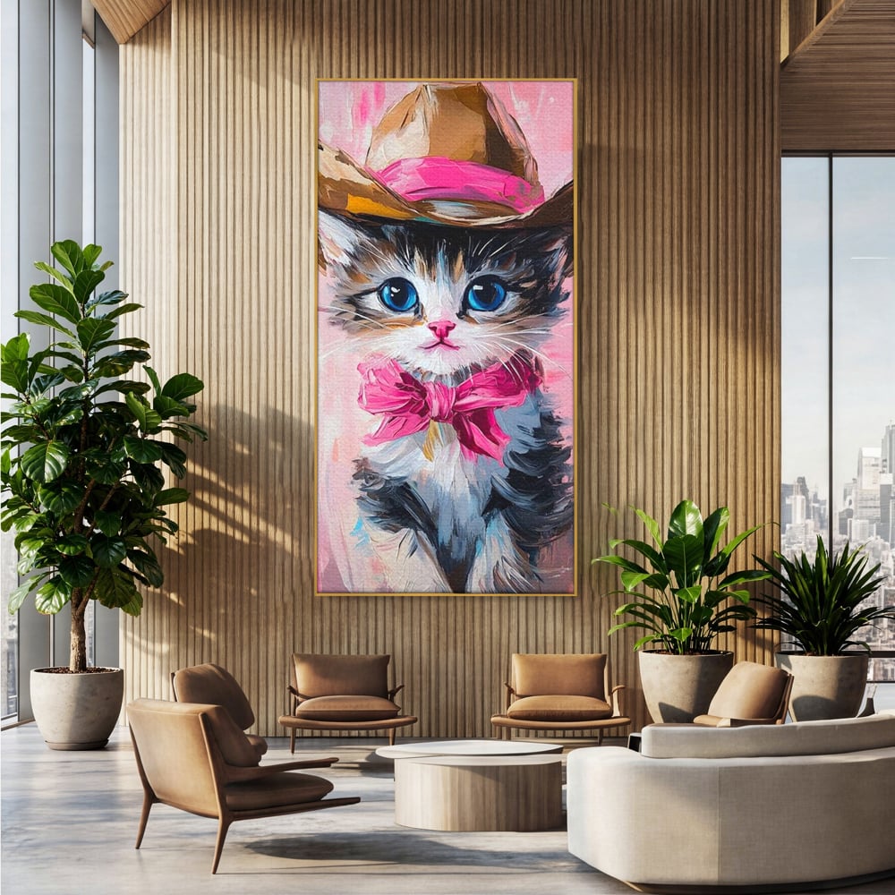 Tablou canvas cu tablou canvas cu pisicuta cowboy, in rama de aluminiu auriu, pe perete intr-un birou