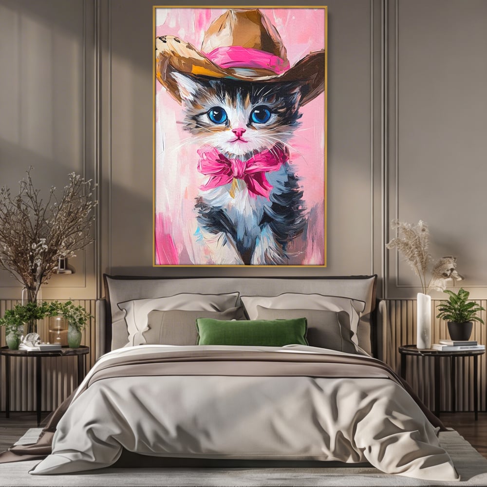 Tablou canvas cu tablou canvas cu pisicuta cowboy, in rama de aluminiu auriu, pe perete intr-un dormitor