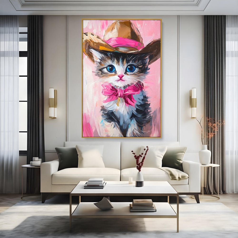 Tablou canvas cu tablou canvas cu pisicuta cowboy, in rama de aluminiu auriu, pe perete intr-un living