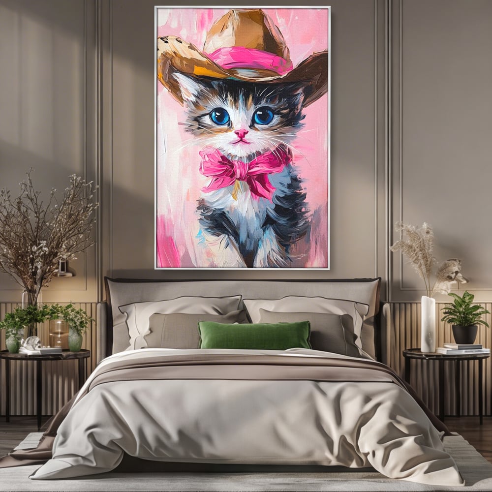 Tablou canvas cu tablou canvas cu pisicuta cowboy, in rama de aluminiu argintiu, pe perete intr-un dormitor