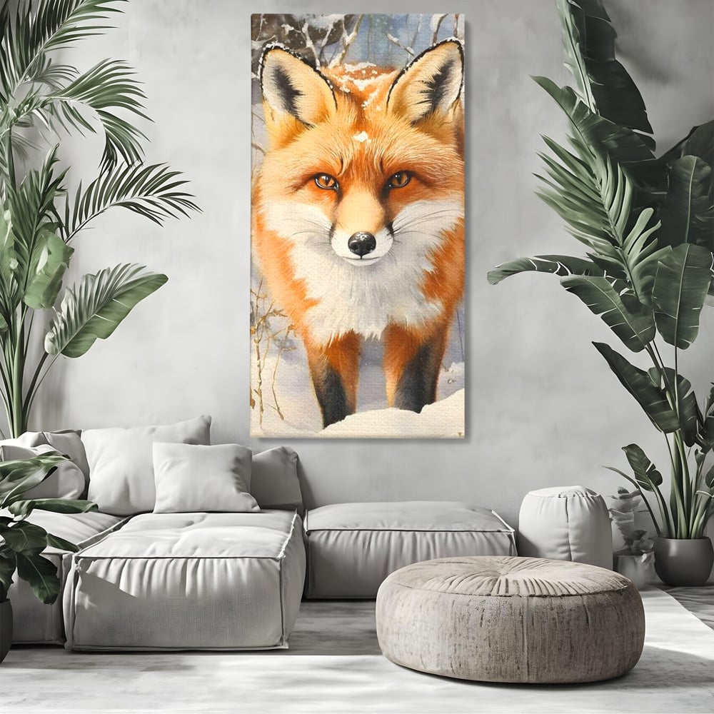 Tablou canvas cu tablou canvas cu vulpe in zapada, fara rama, pe sasiu de lemn, pe perete intr-un living