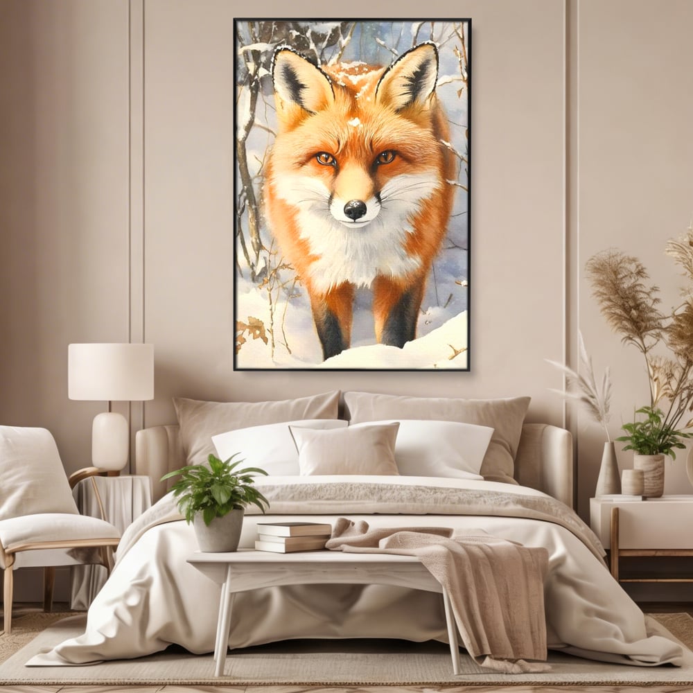 Tablou canvas cu tablou canvas cu vulpe in zapada, in rama de aluminiu negru, pe perete intr-un dormitor