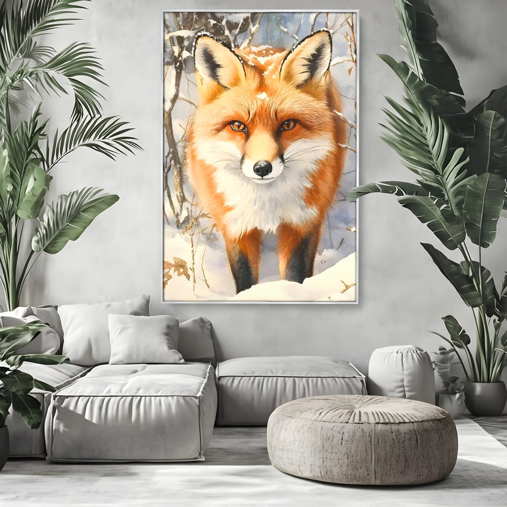 Tablou canvas cu tablou canvas cu vulpe in zapada, in rama de aluminiu argintiu, pe perete intr-un living