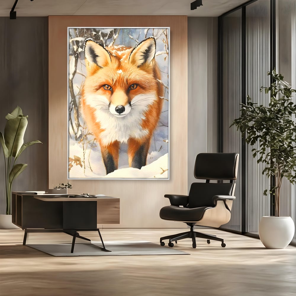 Tablou canvas cu tablou canvas cu vulpe in zapada, in rama de aluminiu argintiu, pe perete intr-un birou
