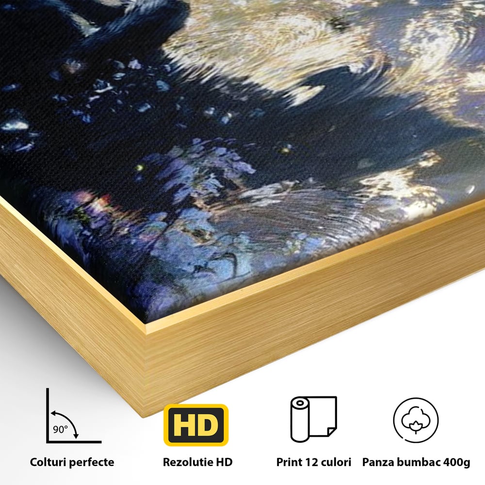 Detaliu al suprafetei: tablou canvas cu pisica neagra pe malul apei, in rama de aluminiu auriu