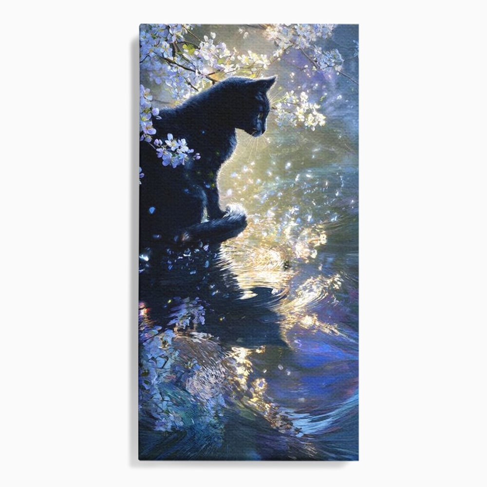 Tablou canvas cu tablou canvas cu pisica neagra pe malul apei, fara rama, pe sasiu de lemn