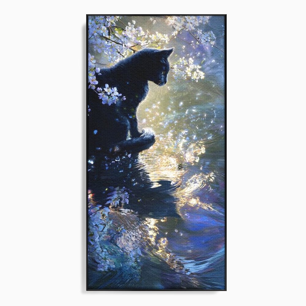 Tablou canvas cu tablou canvas cu pisica neagra pe malul apei, in rama de aluminiu negru