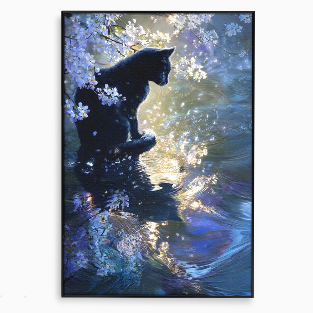 Tablou canvas cu tablou canvas cu pisica neagra pe malul apei, in rama de aluminiu negru