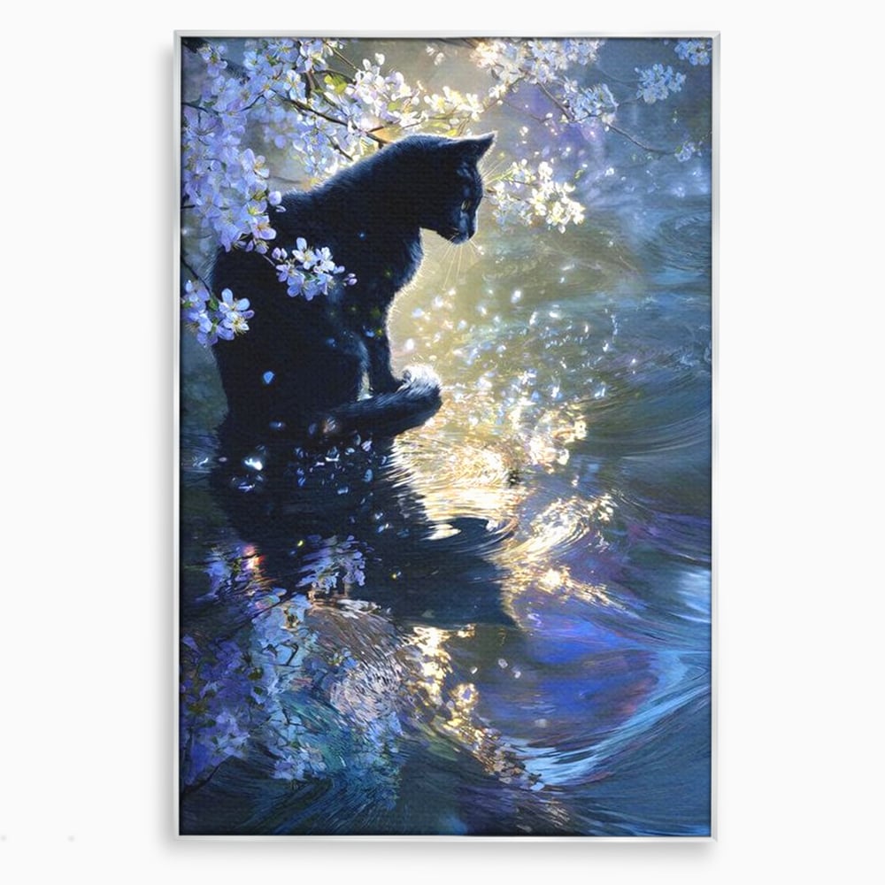 Tablou canvas cu tablou canvas cu pisica neagra pe malul apei, in rama de aluminiu argintiu