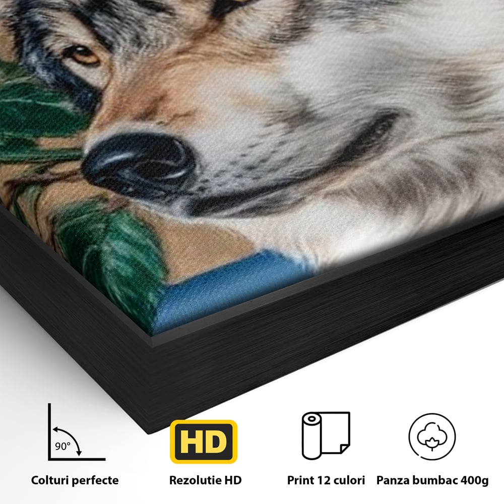 Detaliu al suprafetei: tablou canvas cu lup incoronat, in rama de aluminiu negru