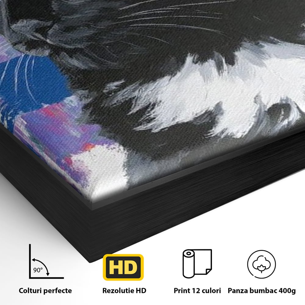 Detaliu al suprafetei: tablou canvas cu pisica neagra, in rama de aluminiu negru