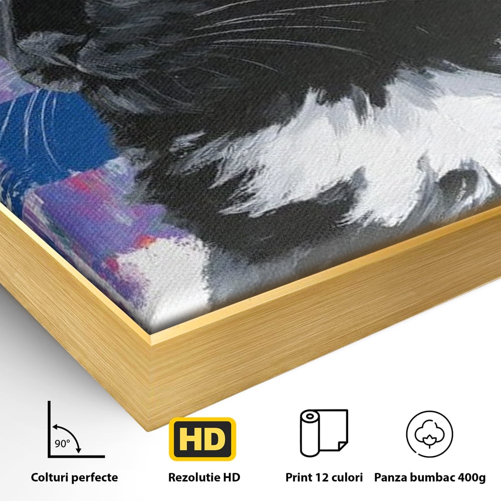 Detaliu al suprafetei: tablou canvas cu pisica neagra, in rama de aluminiu auriu
