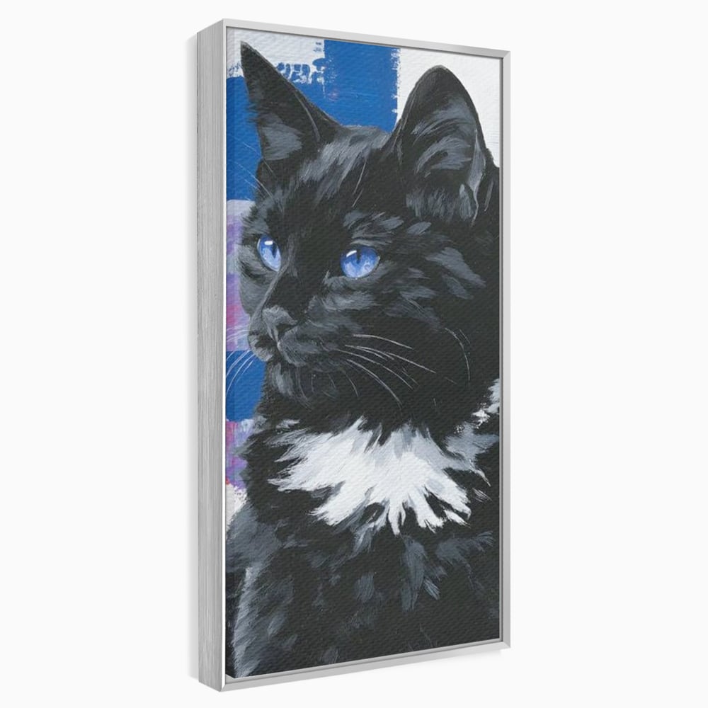 Tablou canvas cu tablou canvas cu pisica neagra, in rama de aluminiu argintiu
