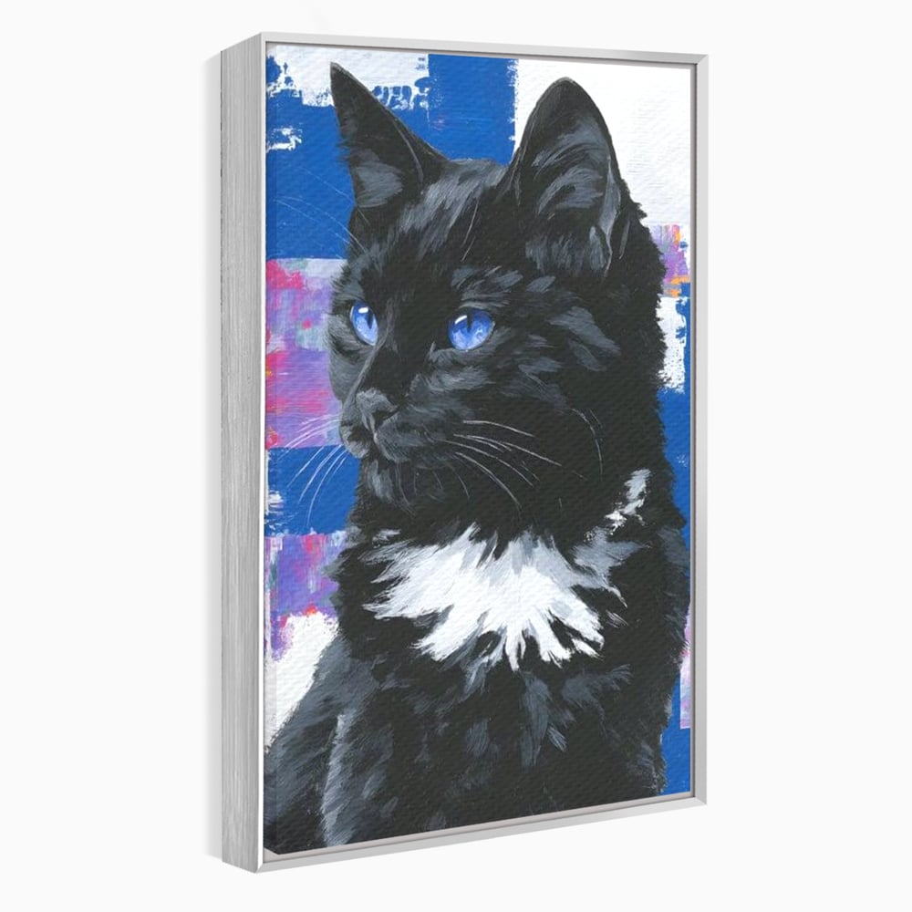 Tablou canvas cu tablou canvas cu pisica neagra, in rama de aluminiu argintiu