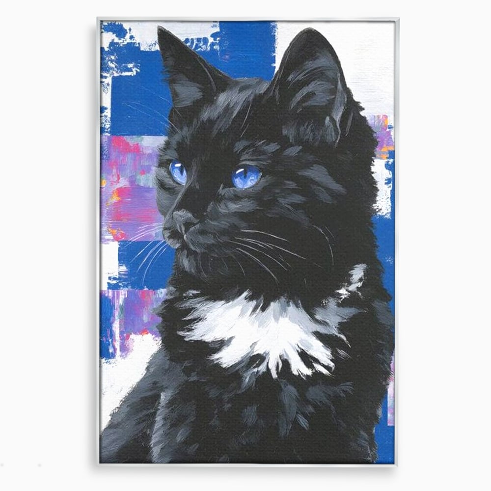 Tablou canvas cu tablou canvas cu pisica neagra, in rama de aluminiu argintiu